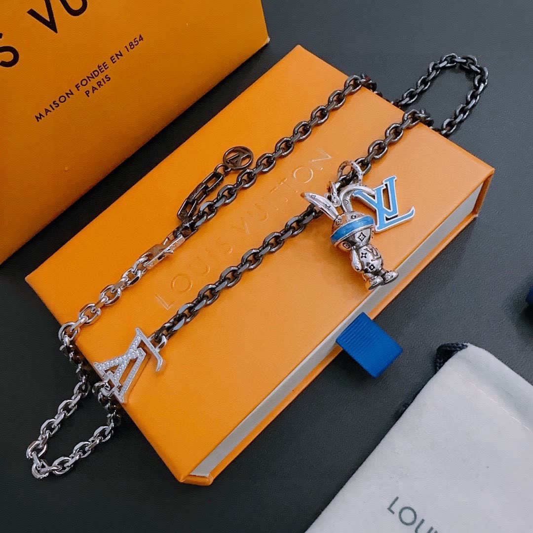 Louis Vuitton Silver Chain Necklace with LV Logo and Bunny Charm